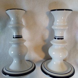 2 Dansk Bistro Christianshavn Candlesticks 2 Vintage MCM Cobalt Navy Blue Trim